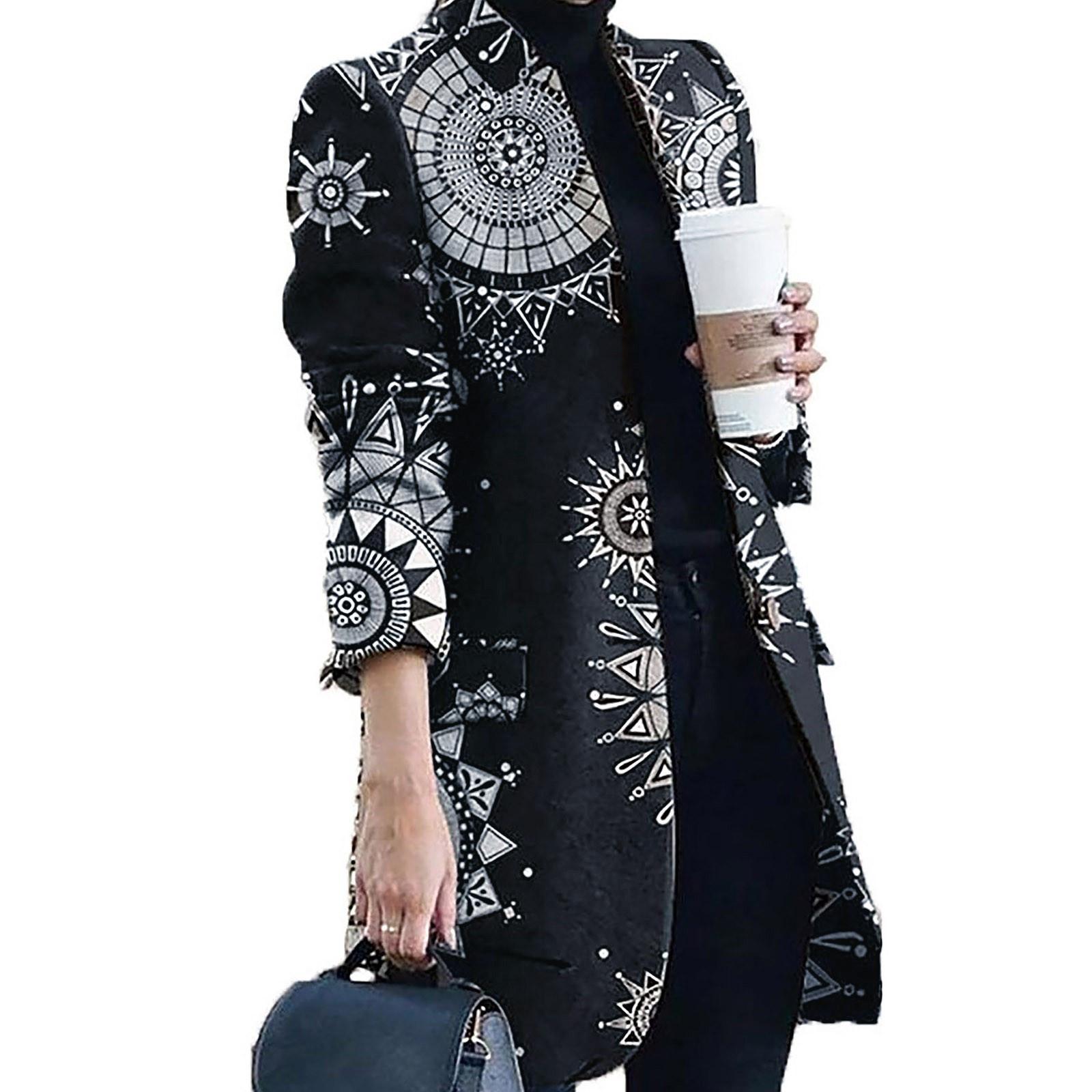 

Женская мода с принтом, повседневное твидовое свободное пальто с клетчатым воротником, верхняя одежда L чёрный