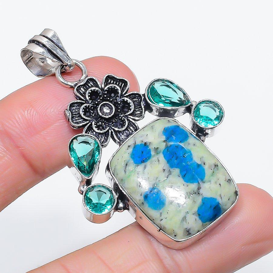 Natural K2 Blue Azurite, Topaz 925 Sterling Silver Jewelry Pendant 2.17" D6n86