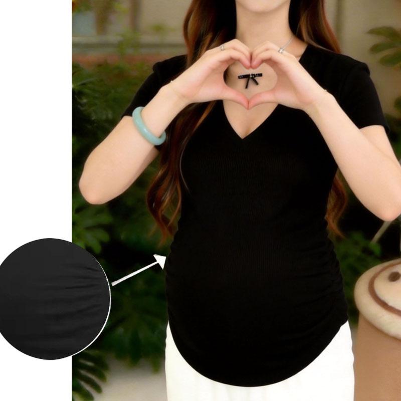 

Korean Style Maternity V-Neck Short Sleeve T-Shirt - Solid Color, Loose Fit, Belly Covering, Slimming Flutter Sleeves, Trendy Summer Wear L (105-125 jin)