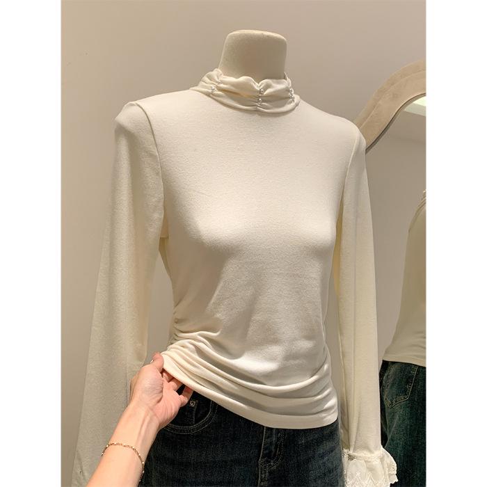 Brushed Bell Sleeve Turtleneck with Pleated Beaded Lace Trim S абрикосовый