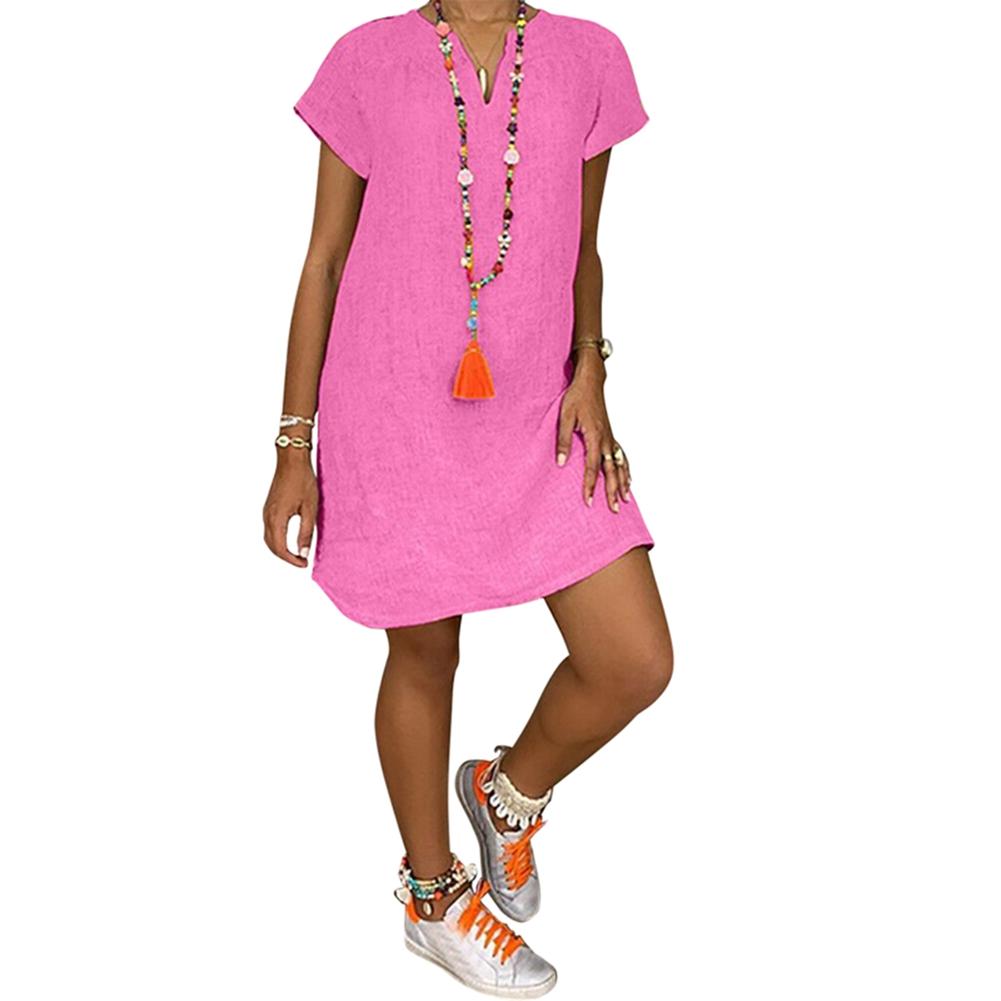 

Women s Solid-Color V-Neck Loose-Fit Casual Short-Sleeve Summer Dress L
