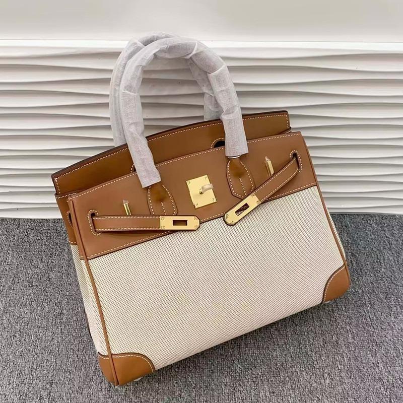 Fashion new platinum bag swift leather canvas splicing contrasting color portable shoulder messenger women's bag