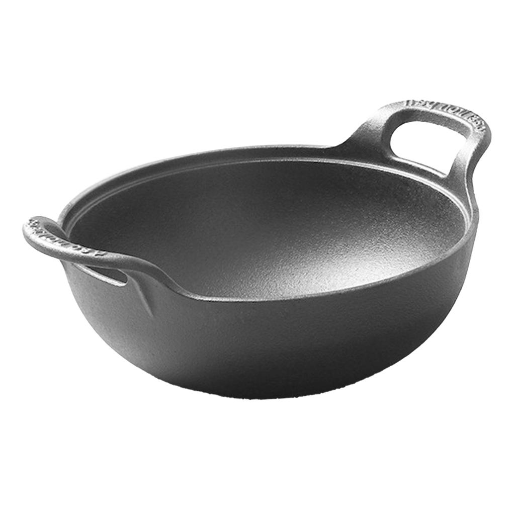 Cast Iron Wok Uncoated Anti Stick Dual Handle Stir Fry Pan with Wood Lid for Induction Cooktop