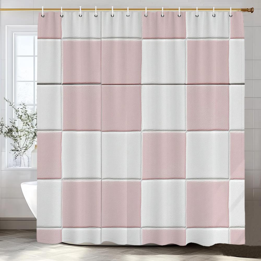 Geometric Square Mosaic Pattern Shower Curtain, Bathroom Decorative Shower Curtain, Waterproof Shower Curtain With Hooks