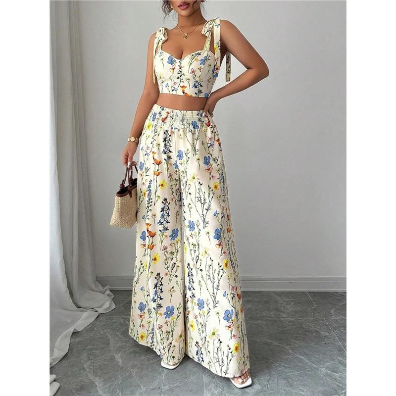 Women's 2 Piece Floral Print Set Tie Strap Crop Top & Wide Leg Pants Summer Outfit