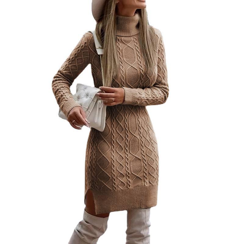European & American High Neck Slim Fit Long Sweater Dress for Women - Autumn/Winter Warmth