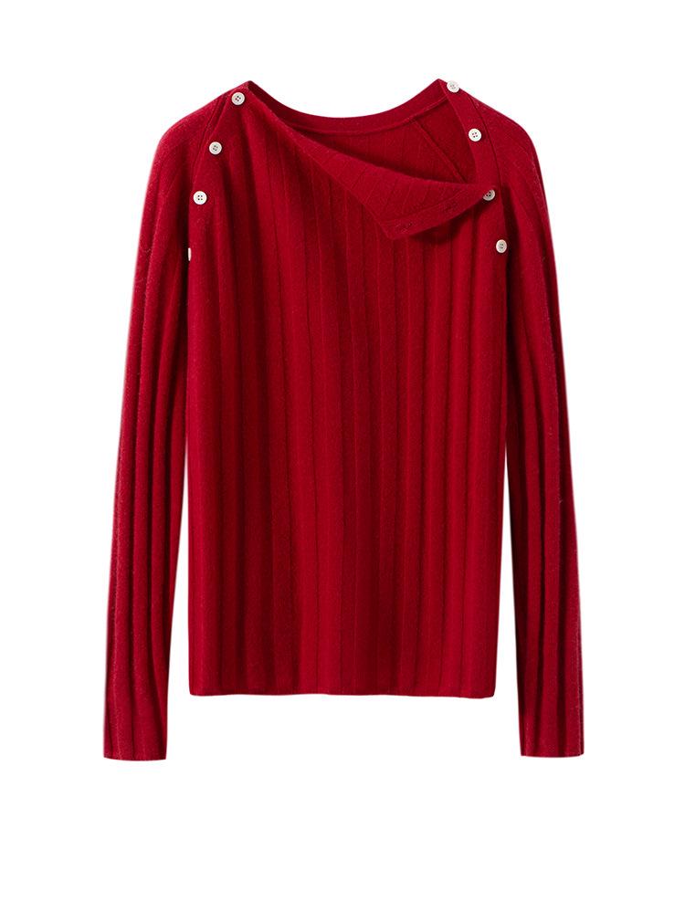 Women's Round Neck Cashmere Ribbed Slim-Fit Sweater, Long-Sleeve Winter Knit Top