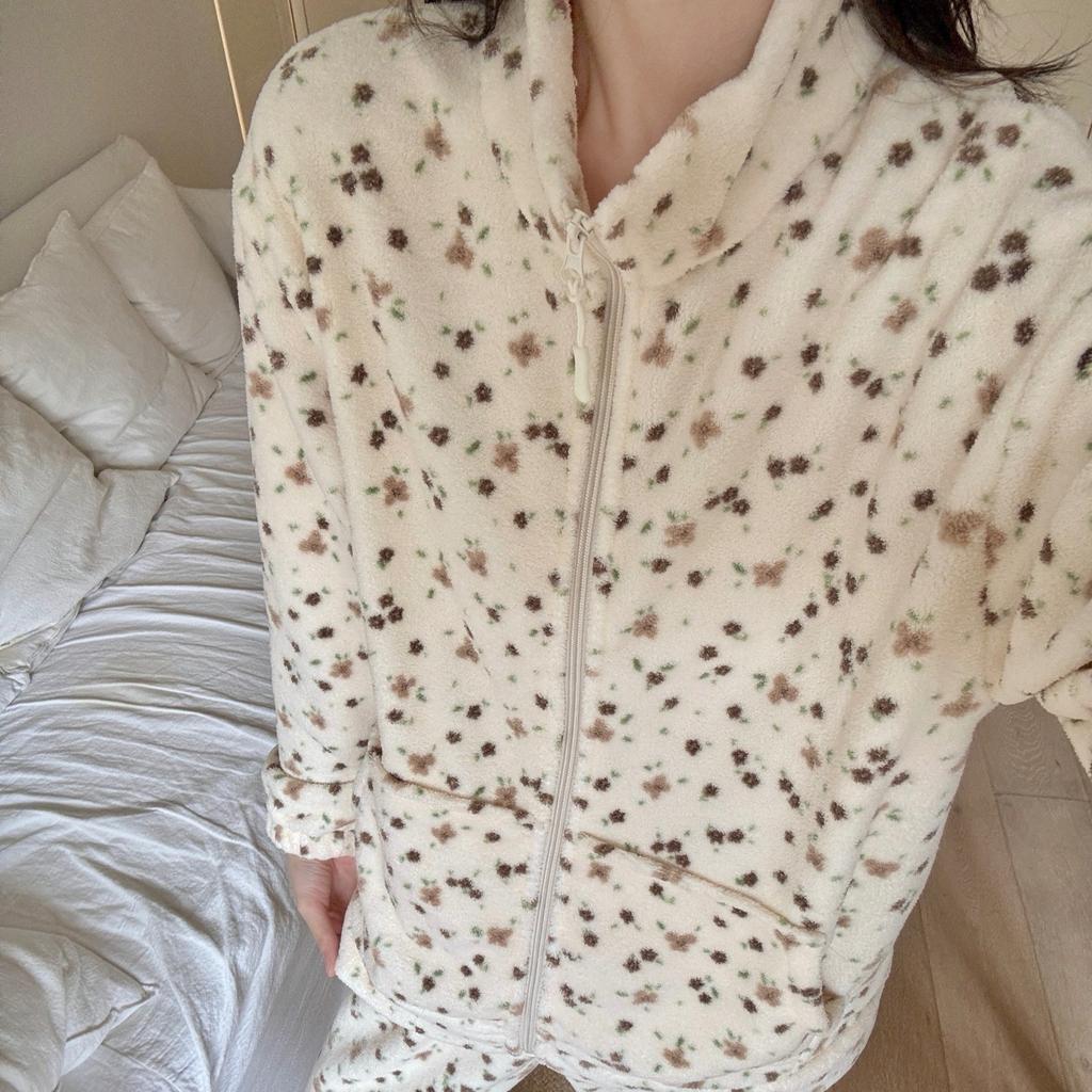 Winter Pajamas Women's Cute Plush Thick Zipper Warm Home Clothes Set