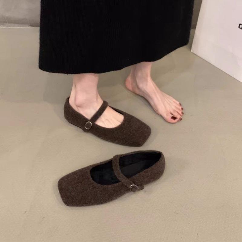 Sapatos Mary Jane de Lã para Mulheres Novos Outono e Inverno Temperamento Retro Francês Sapatos Baixos para Mulheres