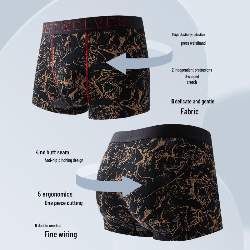 SEPTWOLVES Men's Chinese Style Print Cotton Boxer Briefs