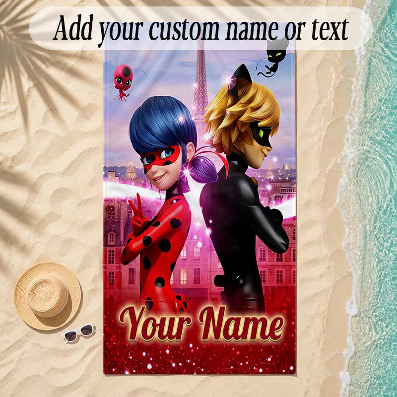 Beach TowelMiraculous Ladybug Custom Name Text Personalized Soft Towel for Beach Pool Indoor Home Decor Gift