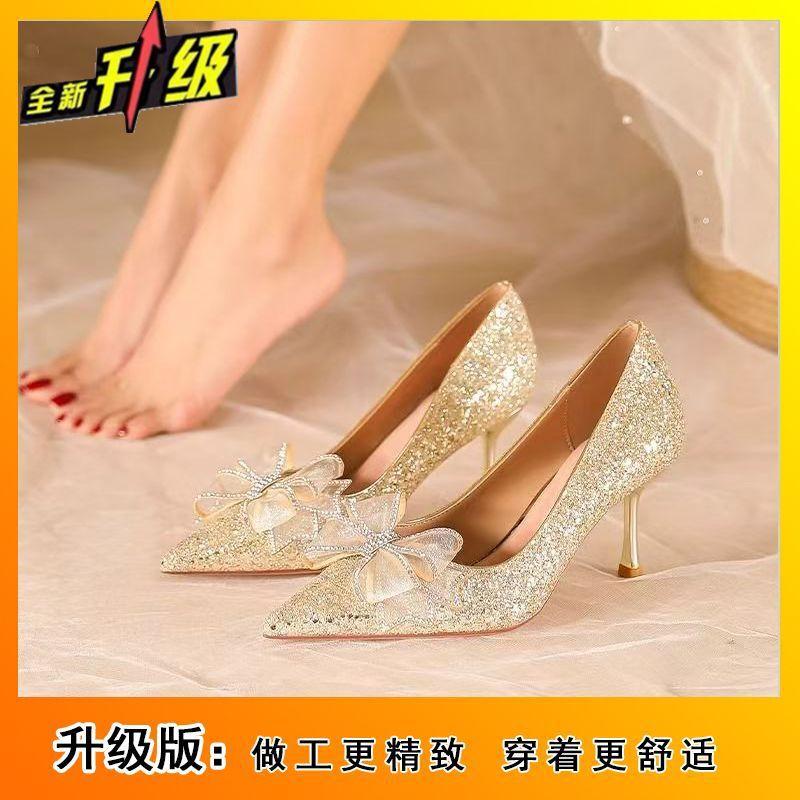 French temperament thin heel light mouth single shoes women's new high-end sense versatile comfortable bow women's high heels