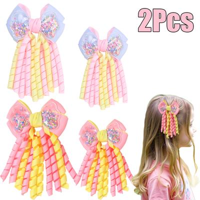 2 Stuks Zoete Ster Haarclips Leuke Sterren Kwikzand Kwastje Lint Krullende Strik Haarklem Voor Baby Meisjes Kinderen Hoofddeksel Accessoires