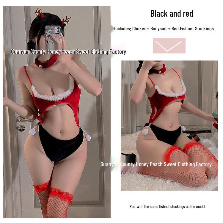 Christmas Erotic Plush Open Crotch Bodysuit - Sexy Couples Flirt Sleepwear for Autumn/Winter