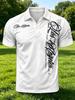 Men'S Outdoor Short Sleeve Polo Shirt, Multi-Size Available, Men'S Collared Polo, White Base with English Print Men'S Top, Slim Fit Suitable for