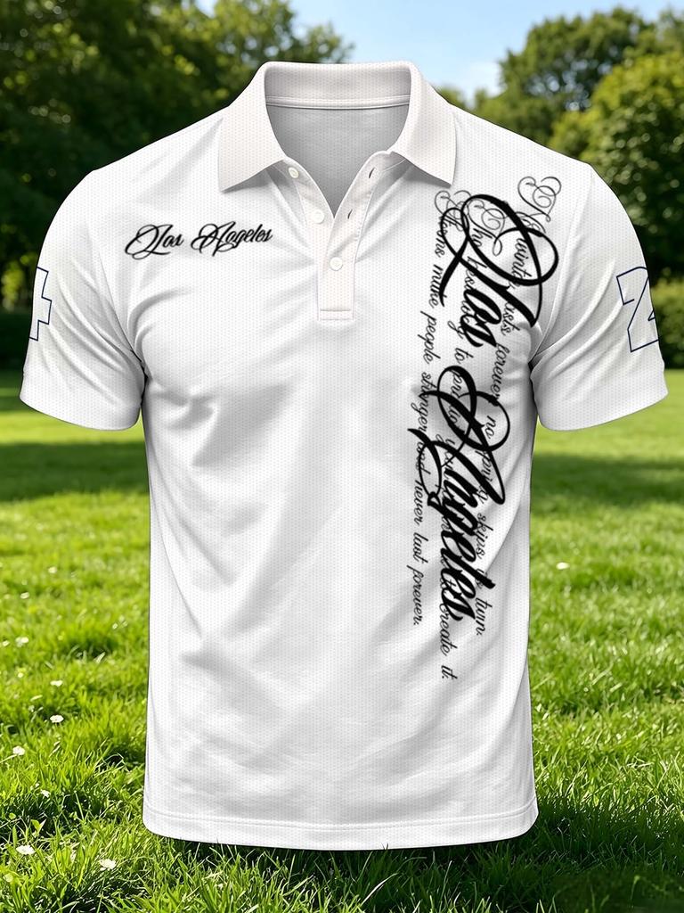Men'S Outdoor Short Sleeve Polo Shirt, Multi-Size Available, Men'S Collared Polo, White Base with English Print Men'S Top, Slim Fit Suitable for