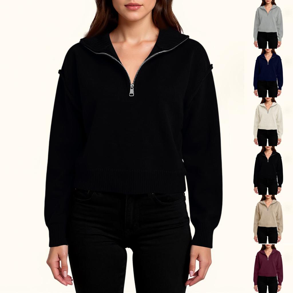 Women's Fashion Loose Casual Half Zip Lapel Pullover Sweater