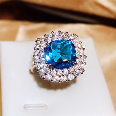 Exaggerate Elegant Cushion Blue Cubic Zirconia Ring for Woman Silver Color Wedding Anniversary Female Rings Fashion Jewelry Adjustable Opening