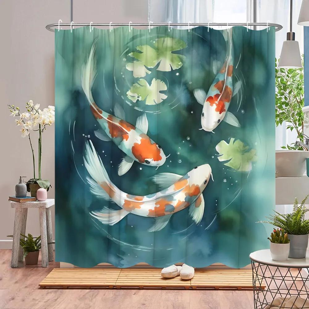 Koi Shower Curtain Asian Landscape Cherry Blossom Plant Pond Lotus Leaf Ink Painting Art Polyester Fabric Bathroom Decor Curtain