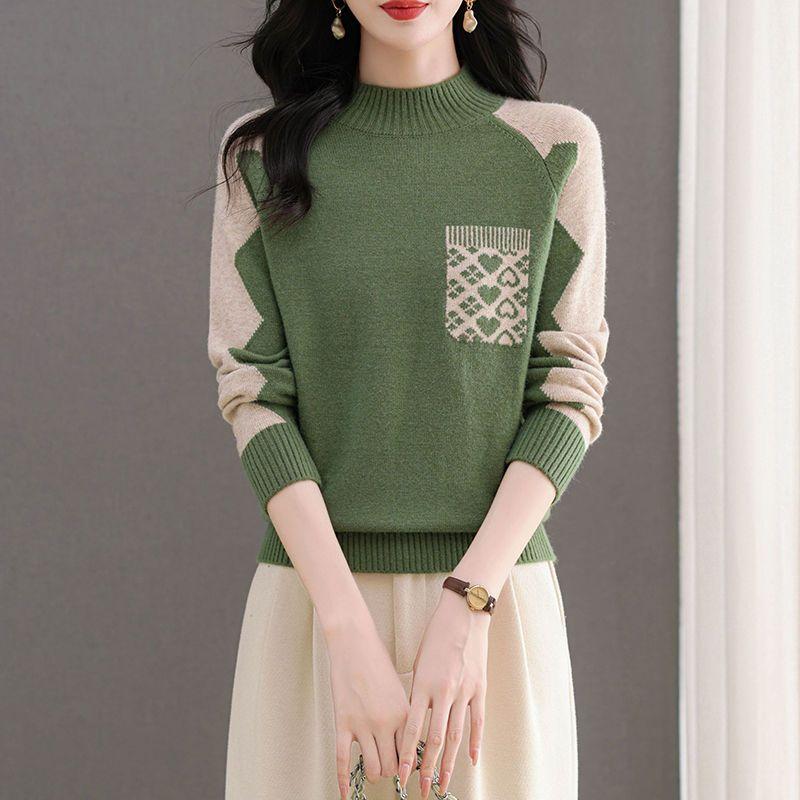 

Вязаный свитер женский осенне-зимний полувысокий ворот свободный стильный свитер для мам среднего возраста XL