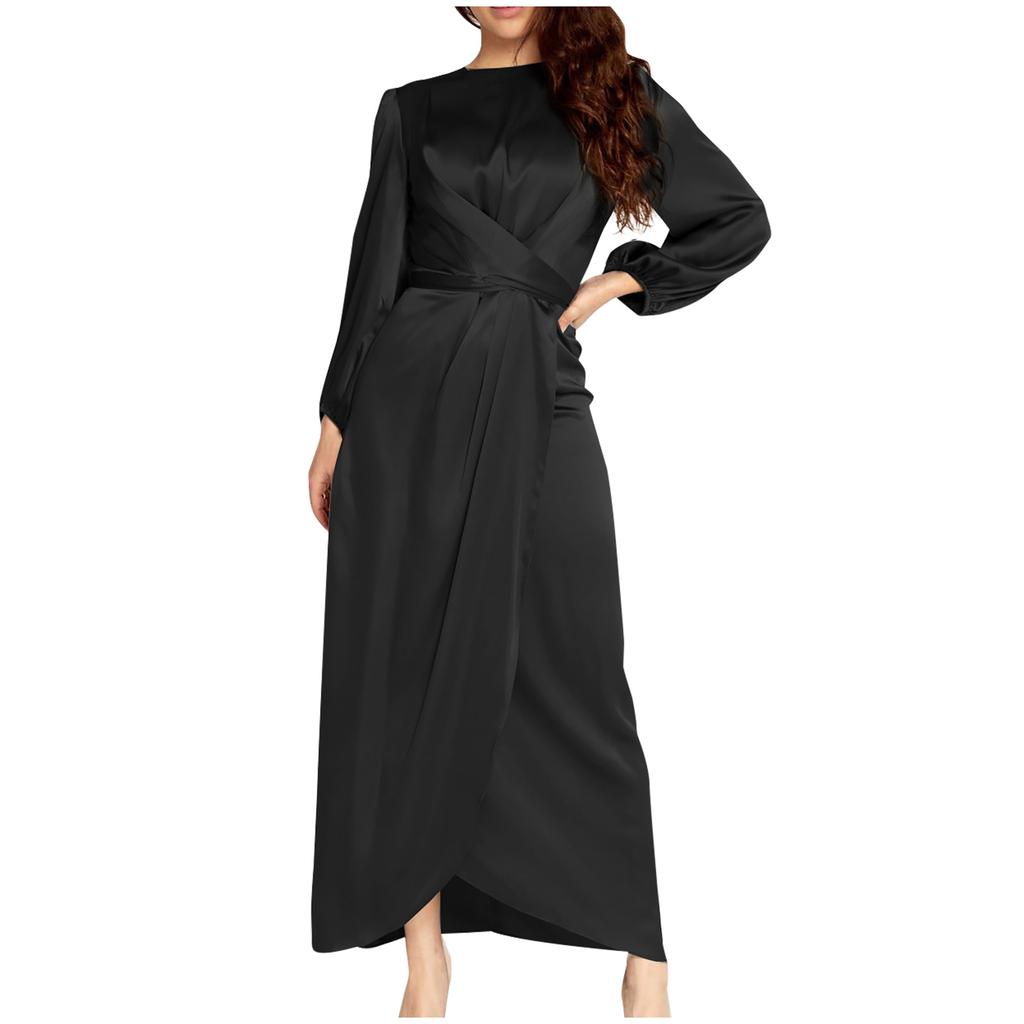 Women's Fashion Solid Color  Long Sleeve Satin Soft Waist And  Dress