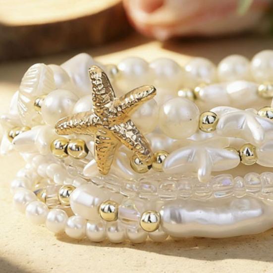 1 Set Bohemian Starfish Bracelets for Women Coastal Style Stackable Stretch Bracelets Faux Pearl Beaded Bracelets for Holiday Summer Beach