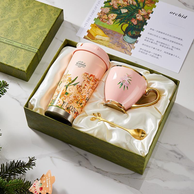 316 Stain Steel Thermos Cups 500ml Coffee Mug with Spoon Set of 3, Floral Ceramic Mug Gift Box for Birthday Wedding Christmas Valentine's Day