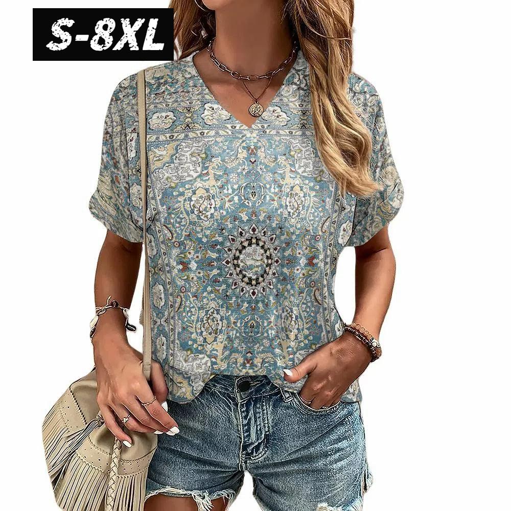 S-8XL Plus Size T-shirt for Women's Summer Short Sleeve Casual Tops Street Fashion V Neck T-Shirt Female Clothing Pullover