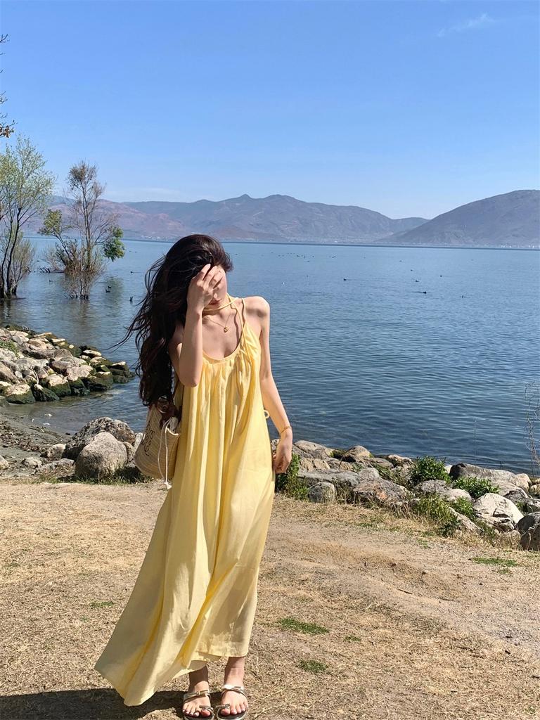 French yellow suspender dress women's clothing summer seaside vacation style wear skirt loose word skirt long skirt