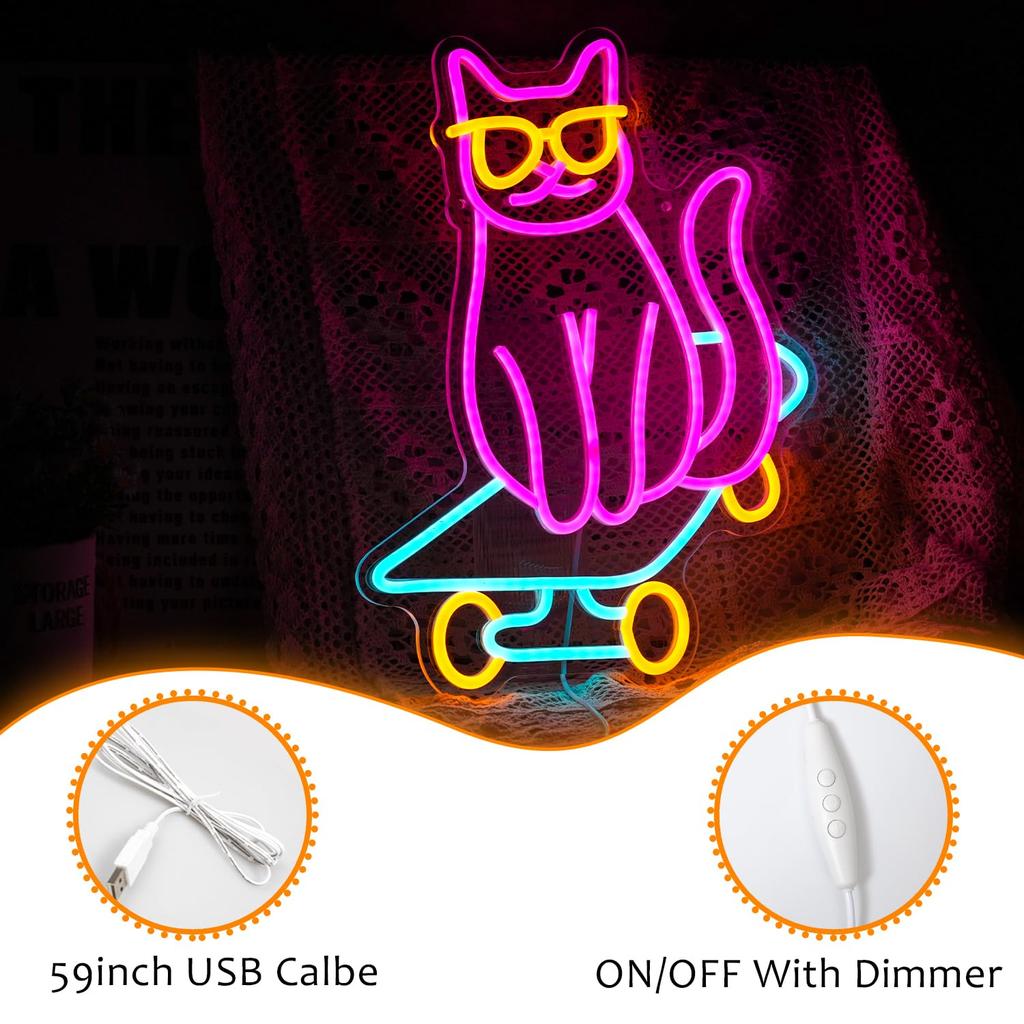 Skateboard Cat Neon Sign LED Light Animal for Bedroom Decor Pet Shop Art Wall Decoration Gift for Girl Boy Party Decoration