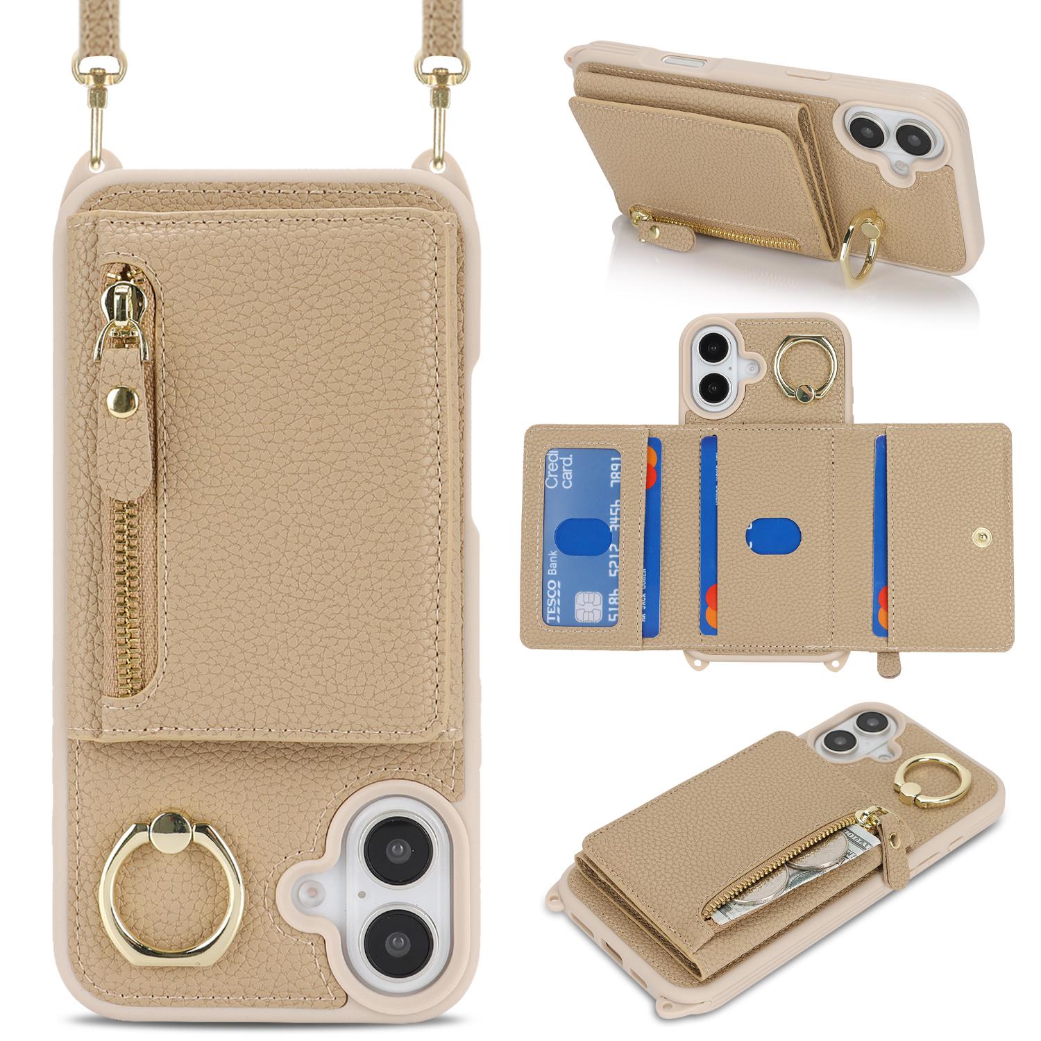 

For iPhone 17 Case Card Bag Ring Holder Litchi Texture Leather+TPU Phone Cover with Long Strap