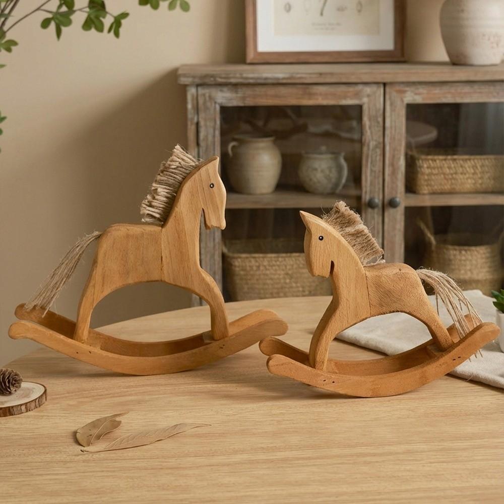 Handmade Rocking Horse Ornaments Retro Style Lifelike Wood Carving Horse Hand Carved Decorative Wooden Horse Figurine Office