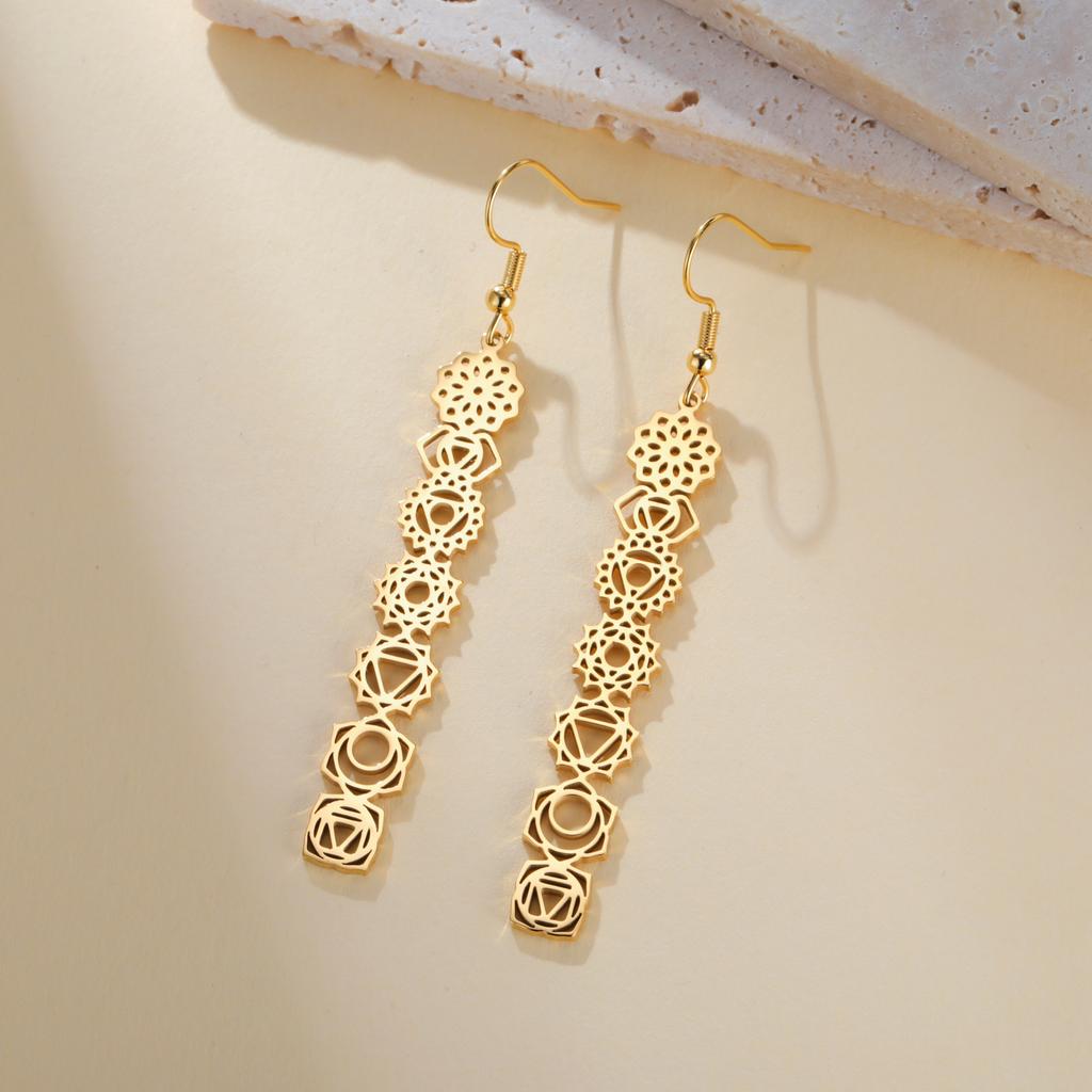 COOLTIME7 Chakra Dangle Earrings for Women Stainless Steel Gold Color Long Earrings Yoga Meditation Amulet Jewelry
