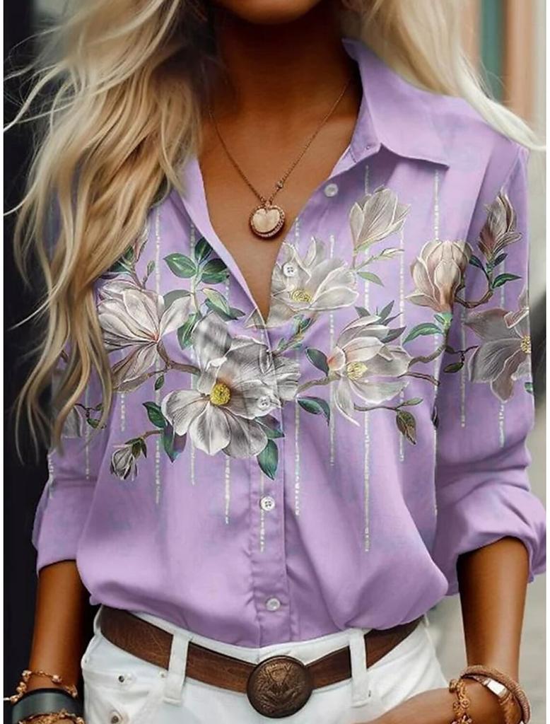 Sommer Damen Hemd Blumen Grafik Bluse Reverskragen Bluse Damen Langarmhemden Damenbekleidung Damenkleidung