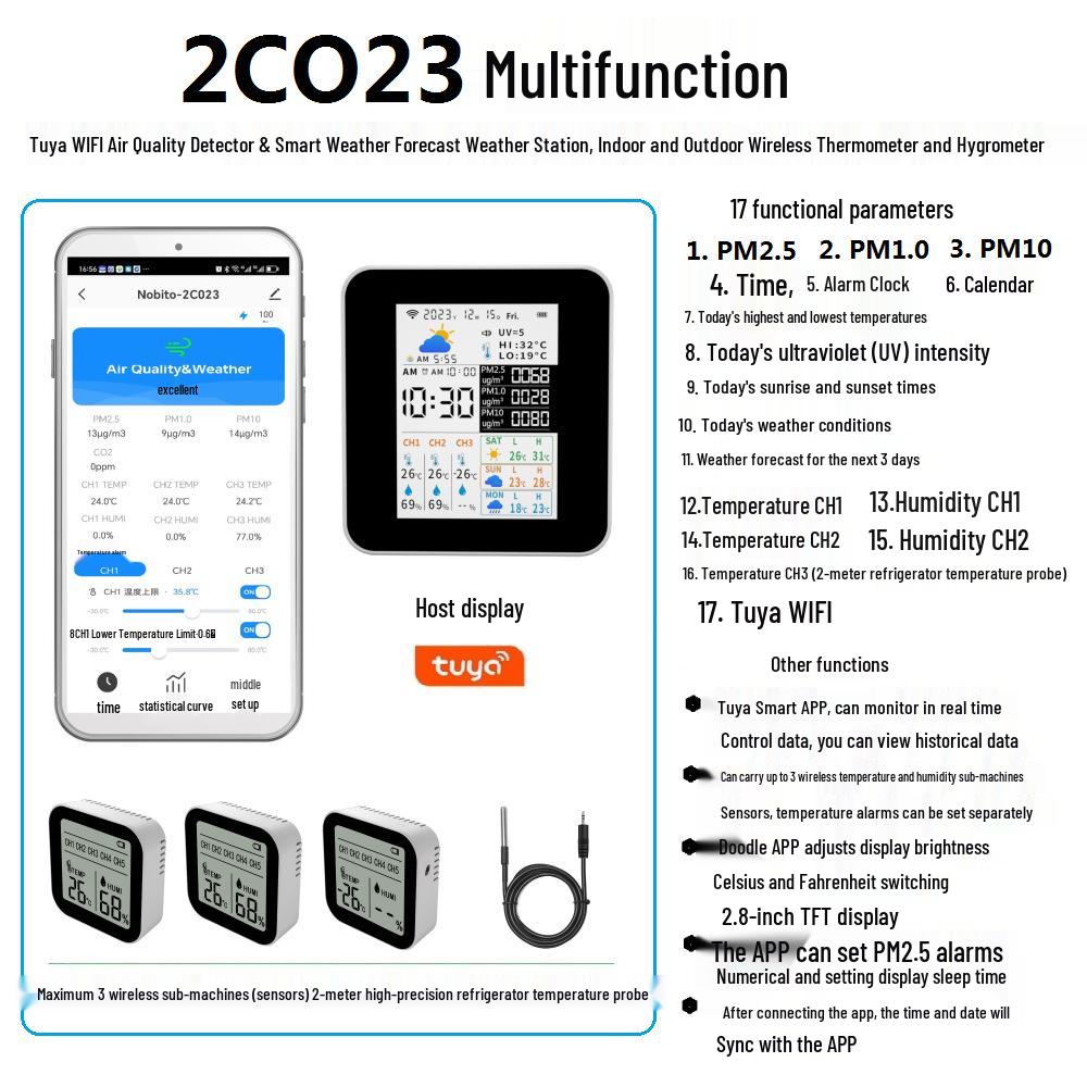 Monitor de Calitate a Aerului WiFi Tuya & Stație Meteo Inteligentă, Termometru și Higrometru Wireless de Interior/Exterior