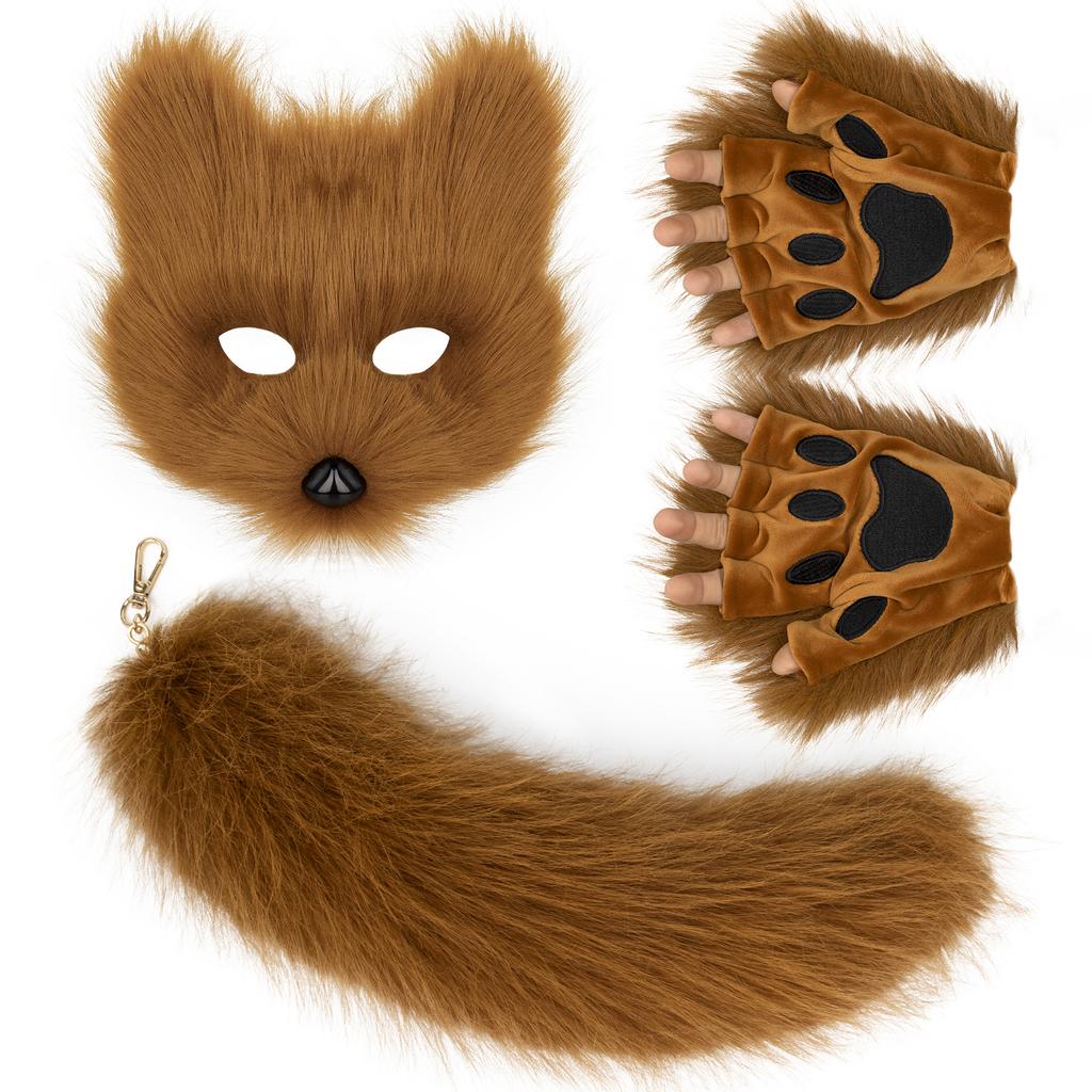 Nadýchaná kožešina Fox Tail Keychain Cat Tlaps Rukavice a Wolf Therian Mask Sada pro Halloween Cosplay kostýmní doplňky