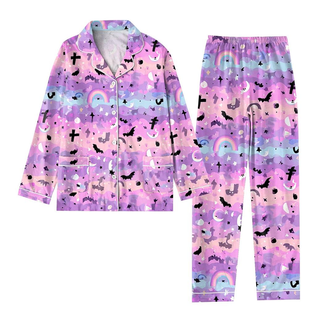 2-teiliger bedruckter Damen-Anzug, langärmelig, Oberteil mit Knopfleiste, weite Hosen, Anzug-Set, Schlafanzug, Home-Casual-Anzug