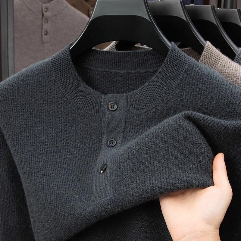 Men's Luxury 100% Cashmere Pullover - Skin-Friendly, Warm Base Layer with Button Collar for All Ages