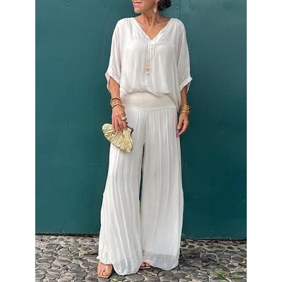 Women's Summer Solid Color Loose Suit Office Suit Comfortable Loose Round Neck T Shirt + Pants 2 Piece Set