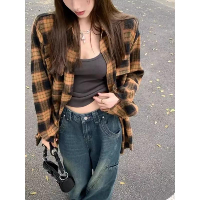 Woolen Plaid Women's Shirt New Collar Long Sleeved Button Up Blouse Spring Autumn Korean Casual Woman Fashion Top