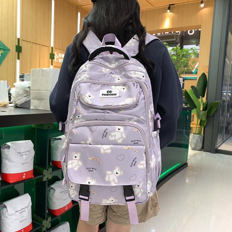 Trendy Black And Pink Casual Backpack For School Travel With Bear Print Design