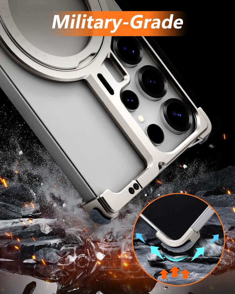 Oatsbasf Bezrámový kryt na telefon pro Samsung Galaxy S25 Ultra s kroužkovým stojánkem 360° otočný magnetický kryt na telefon Nárazuvzdorný bumper