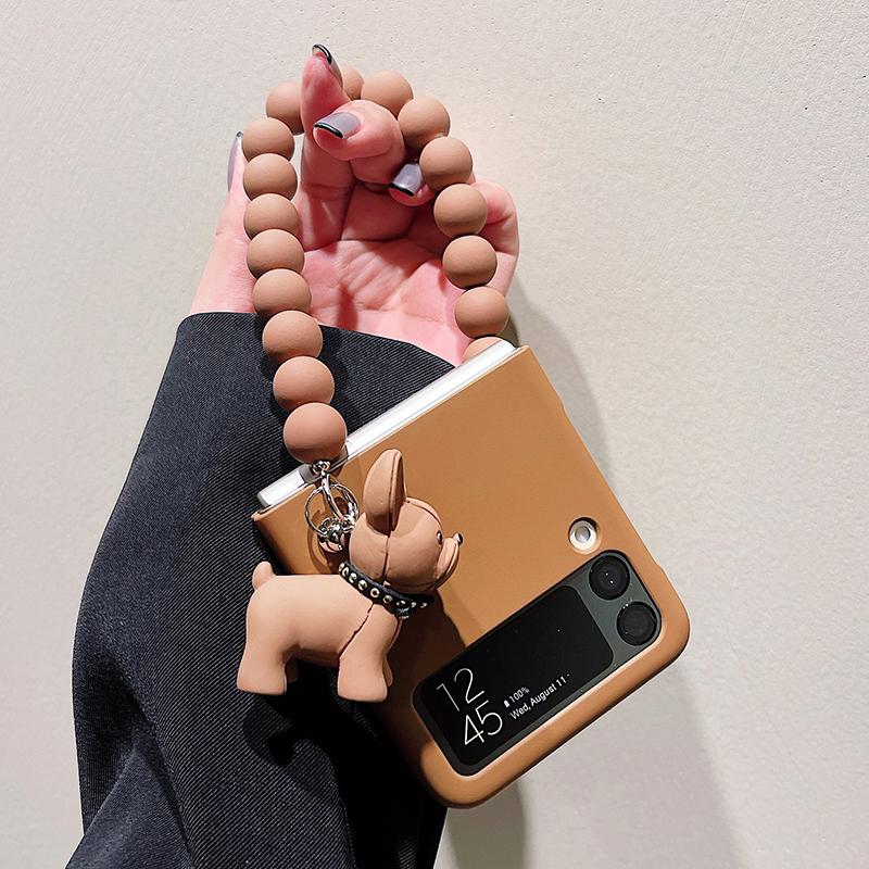 Cute 3d Cartoon Dog Charm Phone Case For Samsung Galaxy Z Flip 3 5g Korea Solid Color Beads Bracelet Full Protection Cover