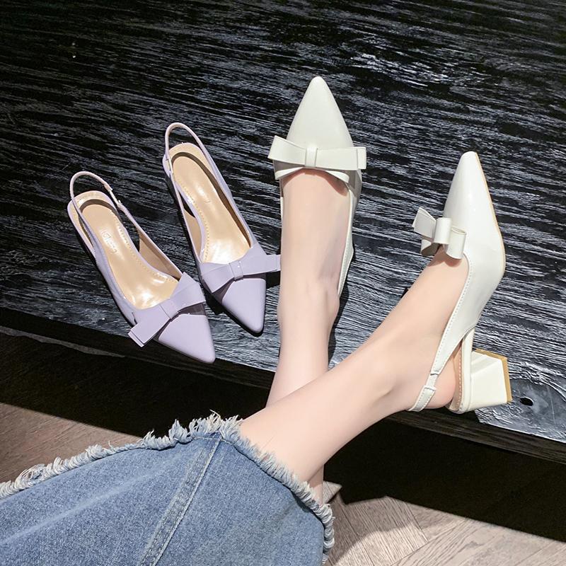 New Women's High Heels Sandals Butterfly-knot Design Footwear Chic Pointed Patent Leather Beige Elegant Female Wedding Shoes