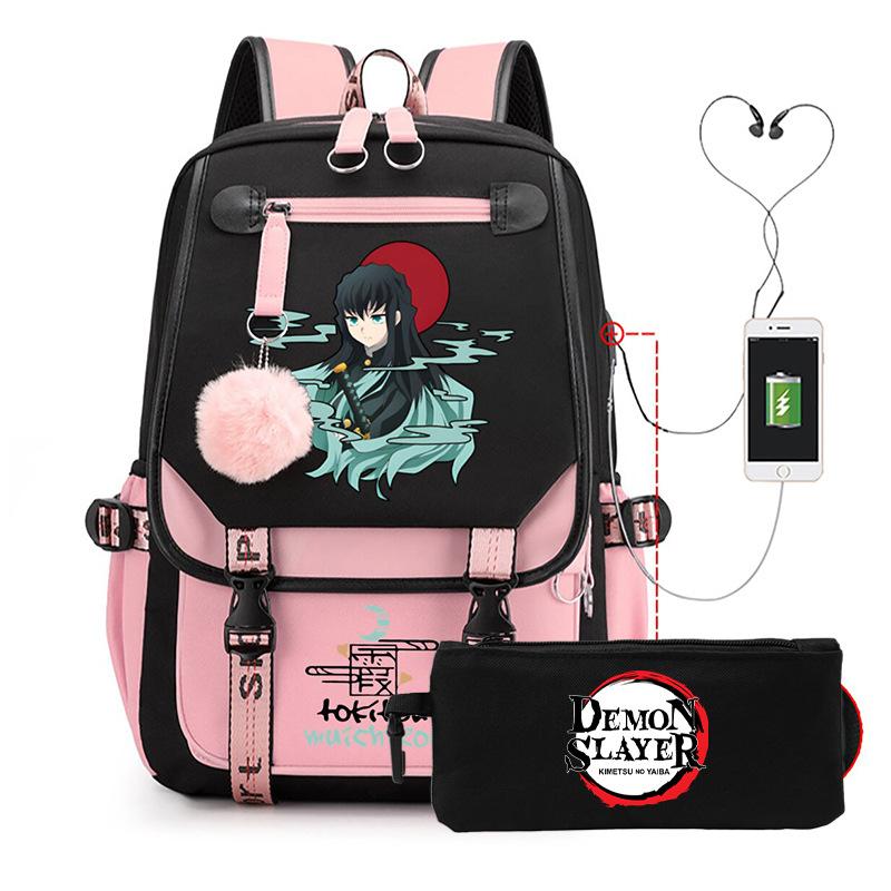 Two-dimensional peripheral day man ghost extinguishing backpack pencil bag large capacity student leisure schoolbag with USB port