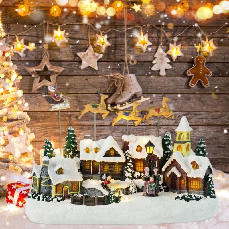 Musical Light Up Reindeer Christmas Ornament Resin Village House Festival Table Decoration For Living Room Bedroom
