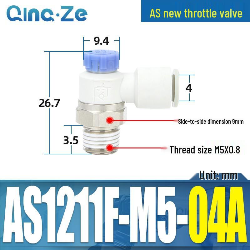 Throttle Speed Control Valve with AS1201F-M5-04A Pneumatic PU Air Hose Connector, Models AS2201F-01-2-06SA/08SA.