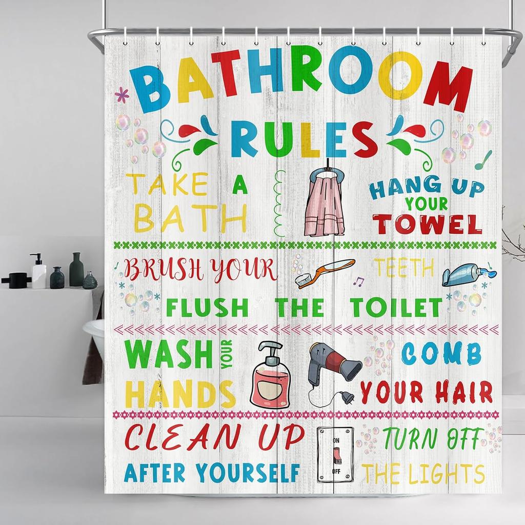 Bathroom Rules Shower Curtain, Colorful Motivational Inspirational Shower Curtain Set Funny Bathroom Text Shower Curtain, Waterproof Fabric Bath