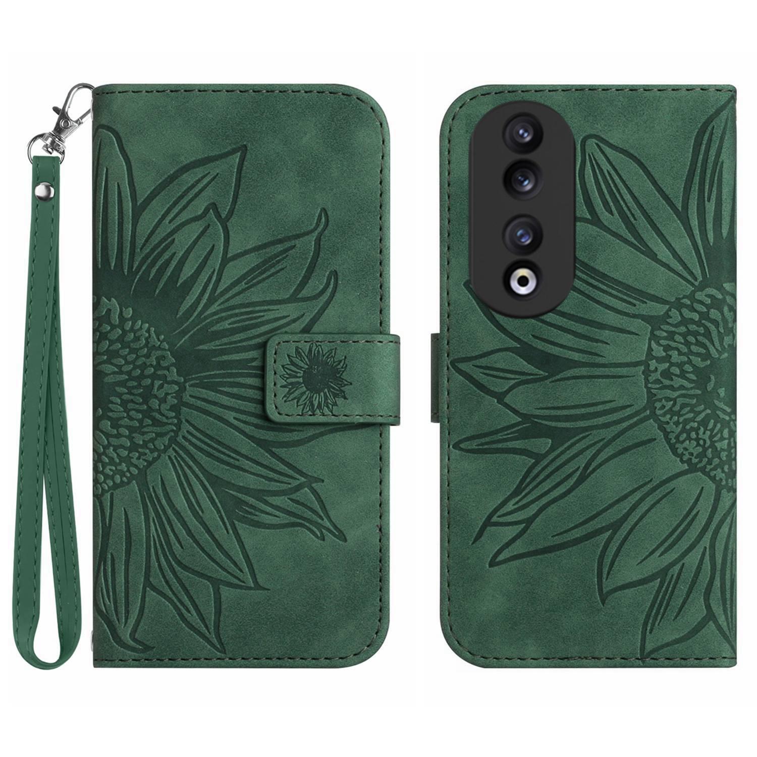 

HT04 Sunflower Pattern Leather Case for Honor 90,Wallet Stand Phone Cover with Hand Strap Dark Green