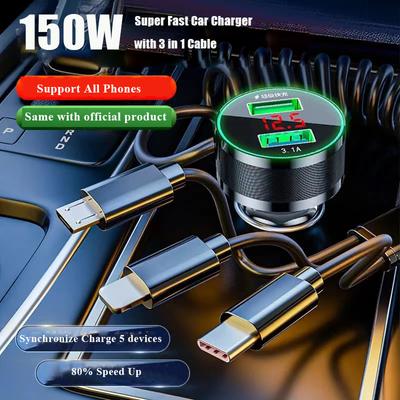 5 In 1 Usb Araç Şarj Cihazı 3.0 Hızlı Şarj 150w Süper Hızlı Şarj Adaptörü Xiaomi Samsung Iphone 13 12 11 Pro Max Ipad Telefon